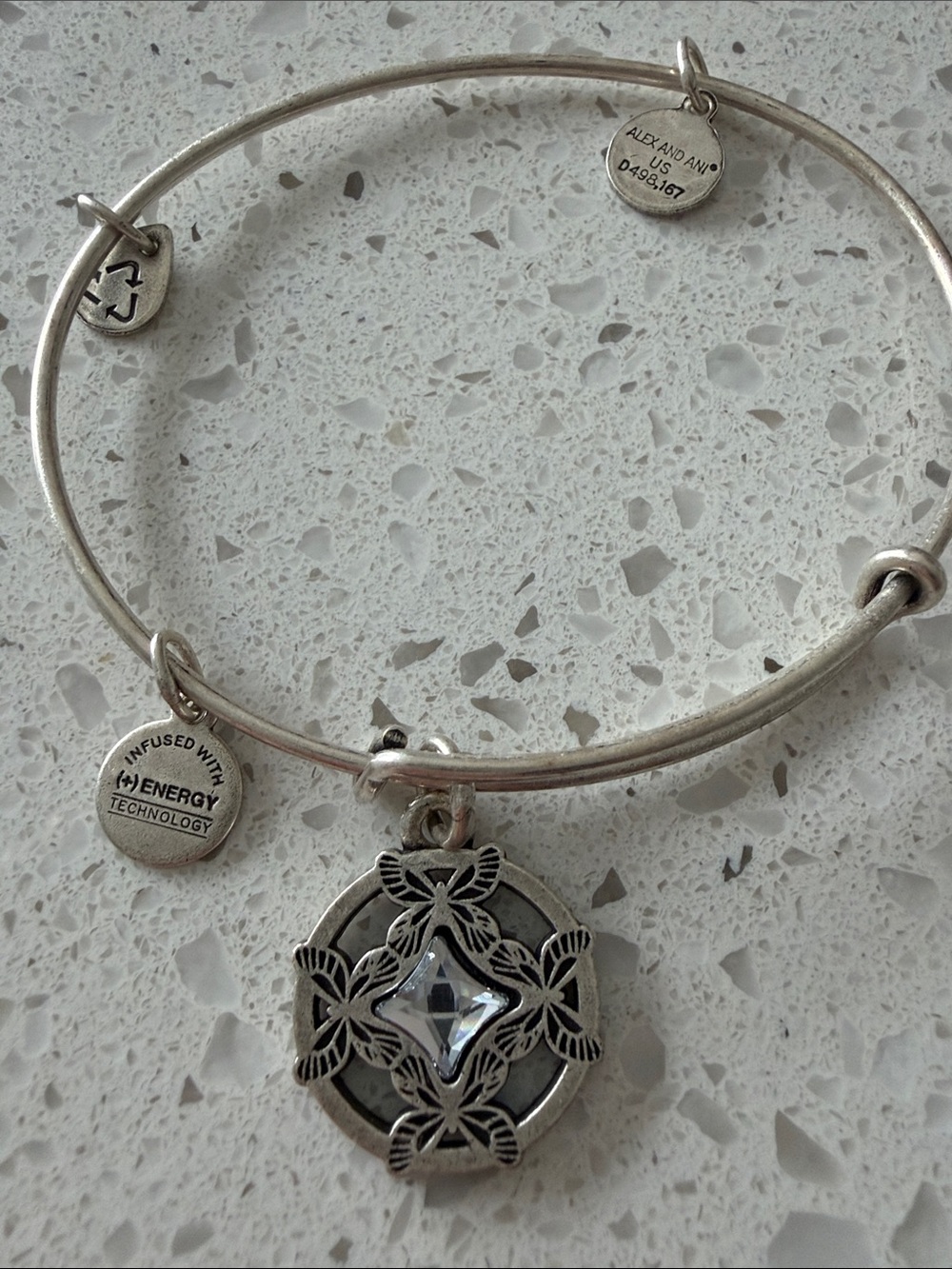 Alex and Ani Silver Floral Crystal Charm Bangle